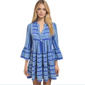 Devotion Twins Ella Mini Dress Size Medium Blue Tiered Boho Cotton Geometric